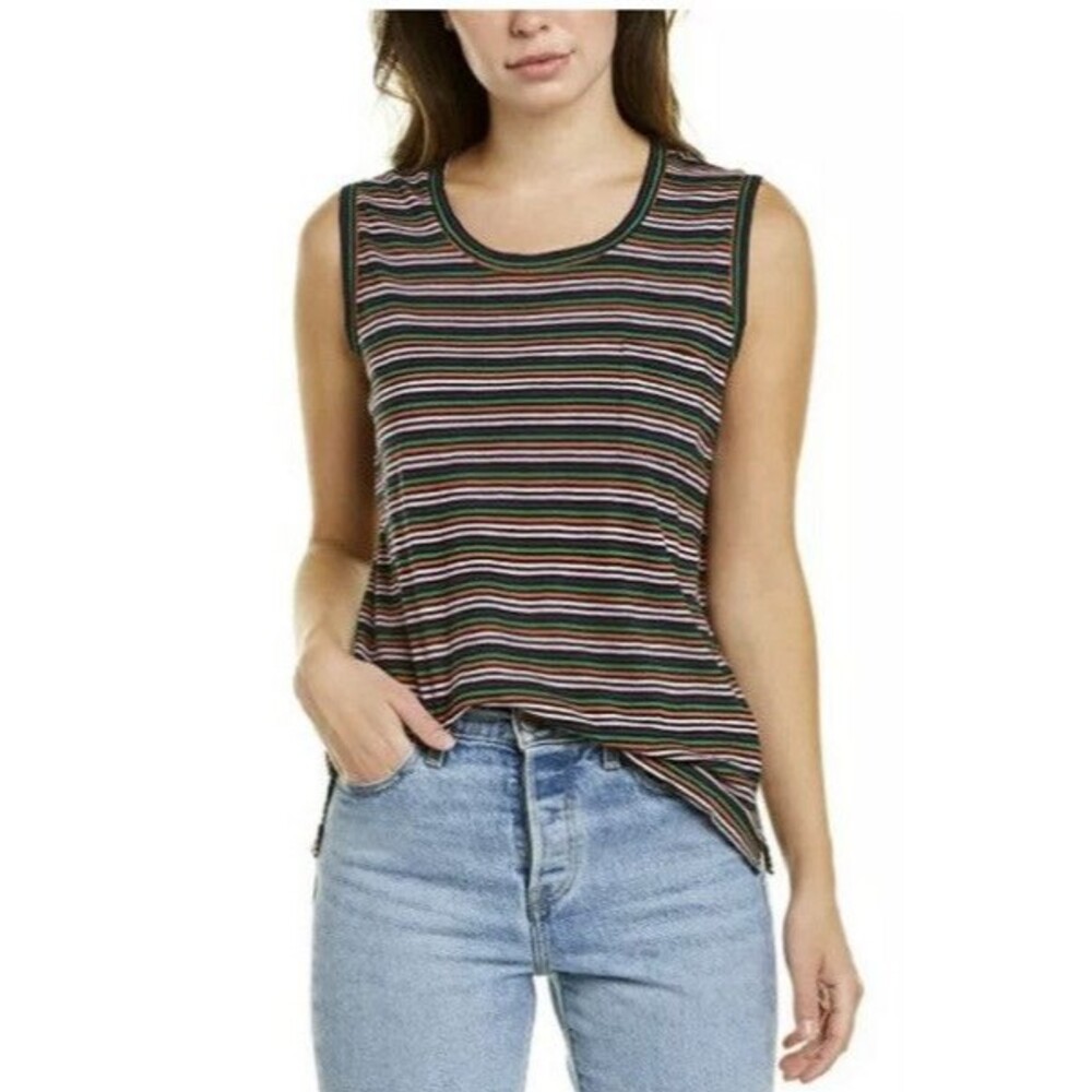 Madewell women's cotton multicolor striped round neck tan top size M